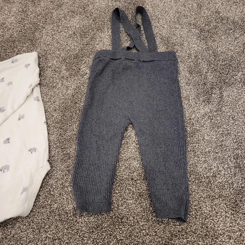 Carters Baby 18M Sheep Print Bodysuit and Gray Ribbed Suspender Pants Set 2pc